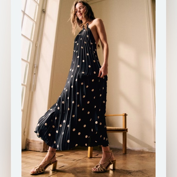 Sezane Dresses & Skirts - NEW Sezane Layla Dress Black Ecru Polka Dots size 2 Maxi Pleated